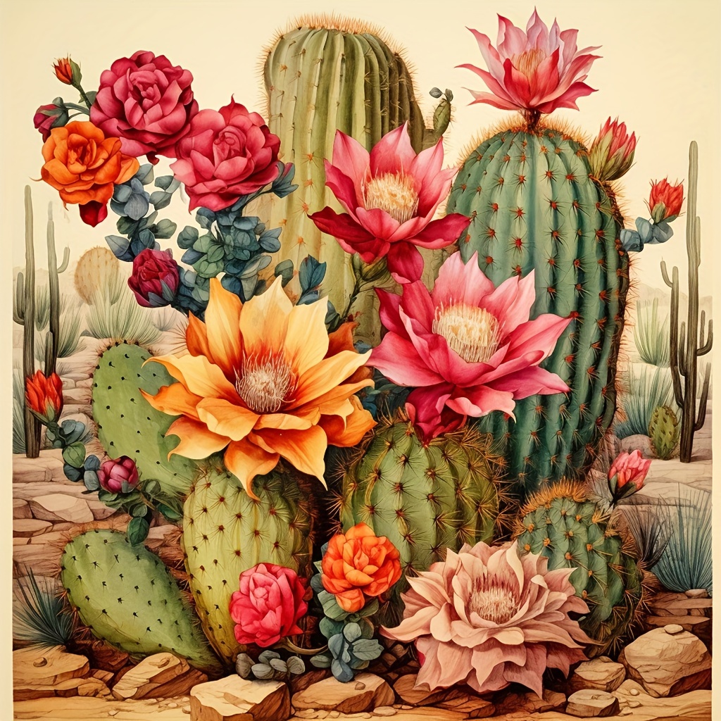 

1pc 5d Diamond Art Painting Set - Cactus Flower In The Desert, Round Diamond, Perfect For Diy Home Decoration, Family Gift, 40*40cm/15.7*15.7in