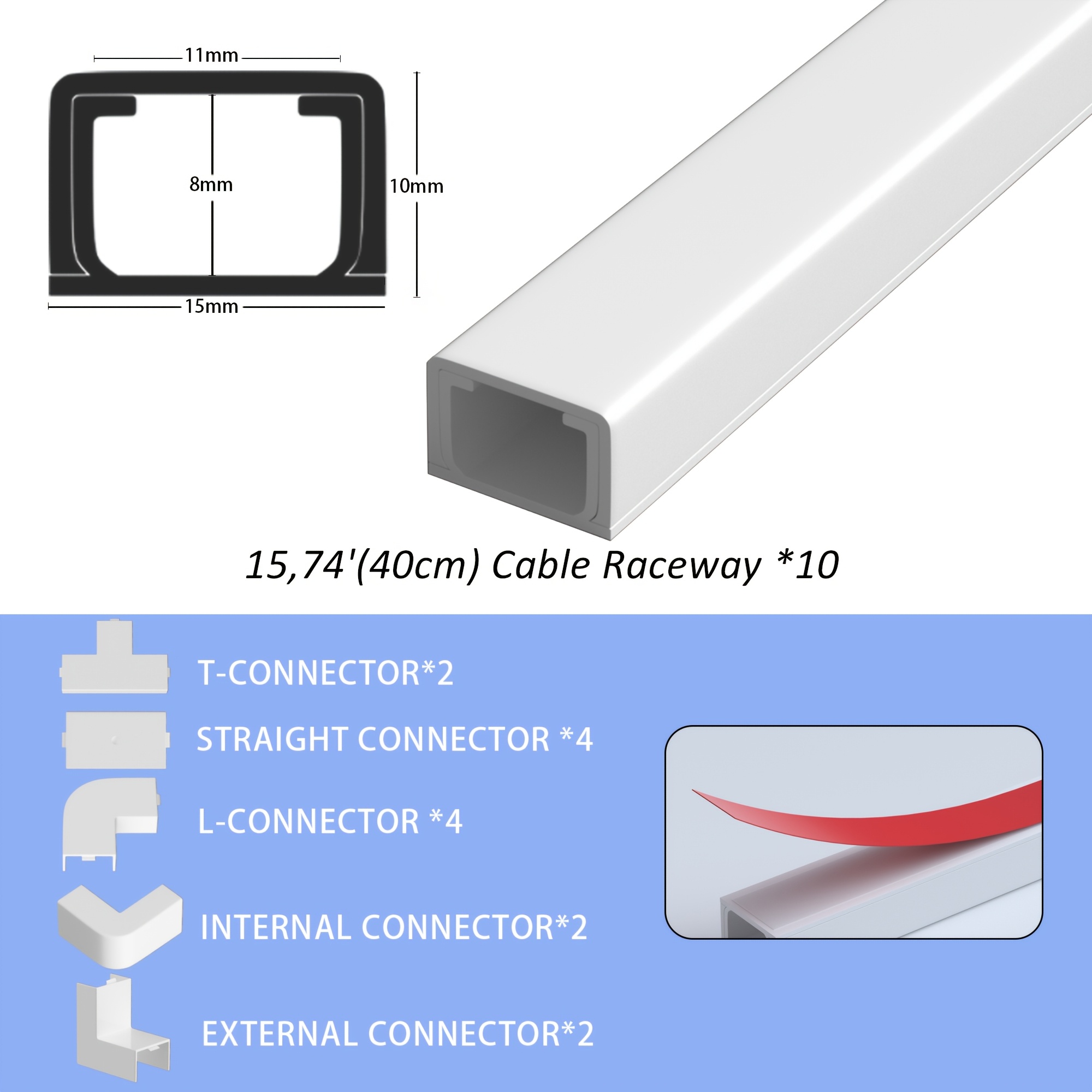 TEMU Double-layer Thickened Pvc Cable Set Includes 10 Trunkings + Installation Accessories, Total Length 157.48 Inches, Self-adhesive And No-drilling