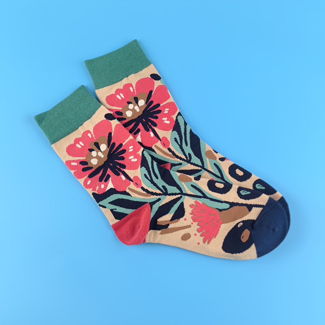 TEMU 1 Pair Women's Mid-calf Socks With Floral Print, Asymmetrical Design, Fashionable And Trendy, Suitable For