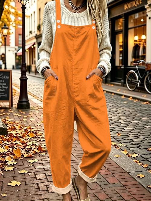 item picture orange overalls new autumn style loose fit cargo jumpsuit pockets rolled hem straight leg casual long pants