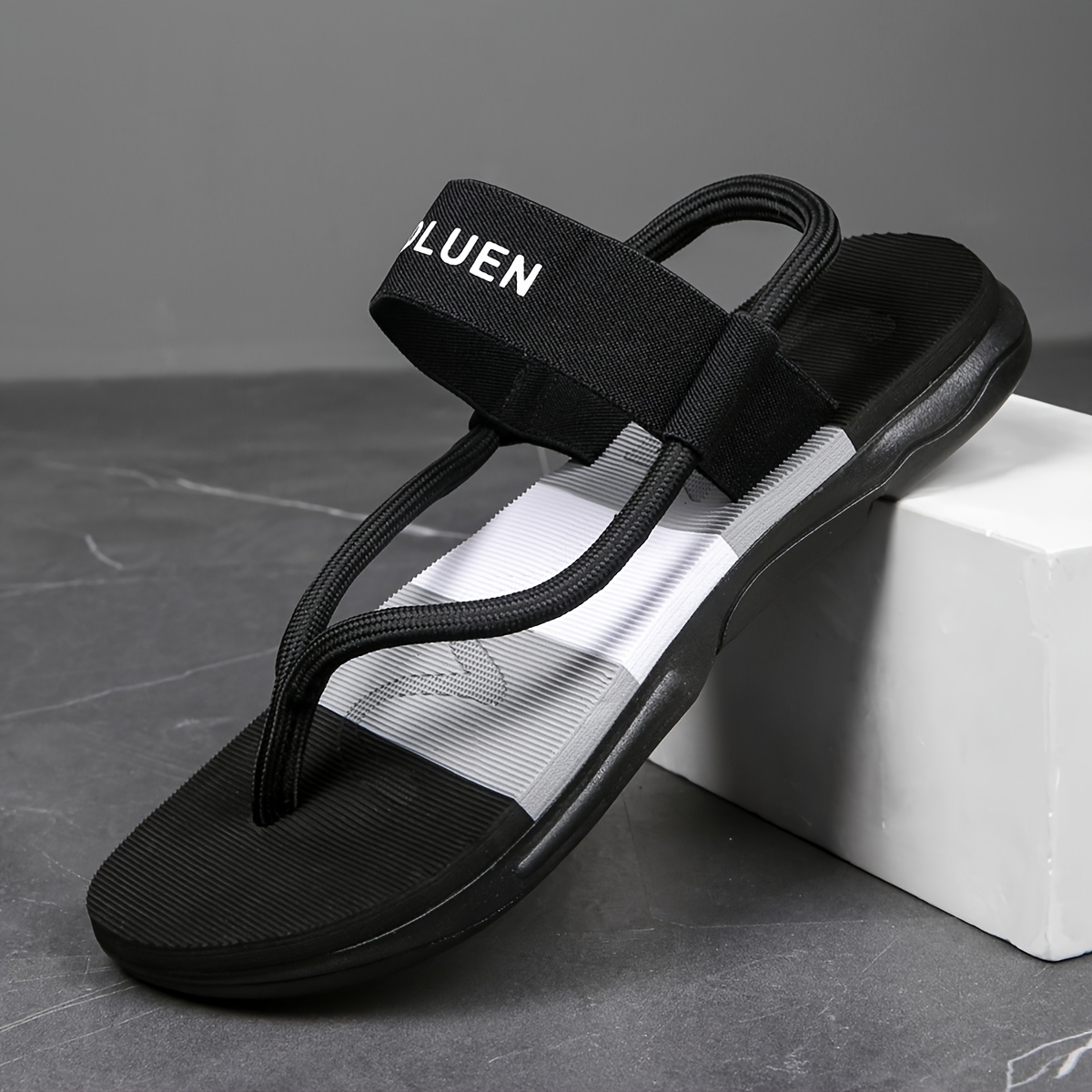 mens casual flip flops with   letter print striped design durable fabric upper non slip pvc sole comfortable eva insole   versatile for beach pool   beach accessories poolside footwear Product details 7