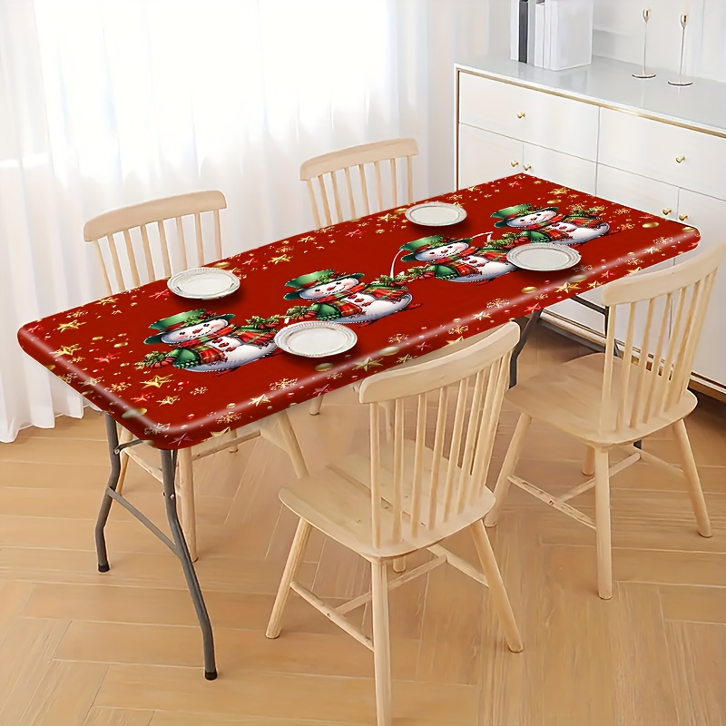 TEMU 1pc Stretch Tablecloth, Red Background With Cartoon Snowman Pattern, Suitable For Various Home Decor And Dining Table Settings, Outdoor Table
