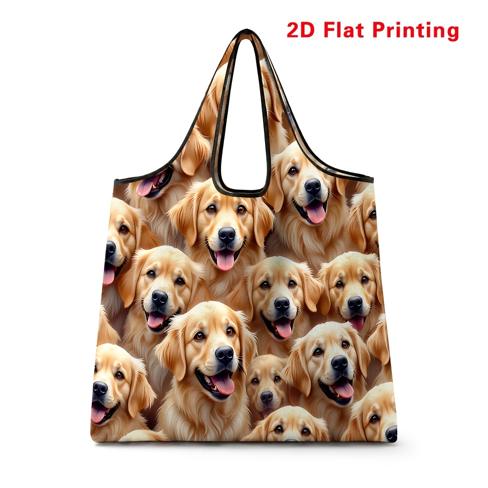 TEMU 2d Flat Foldable Shopping Bag - Cute Golden Retriever Pattern Reusable Tote Bag, Large Capacity Daily Handbag