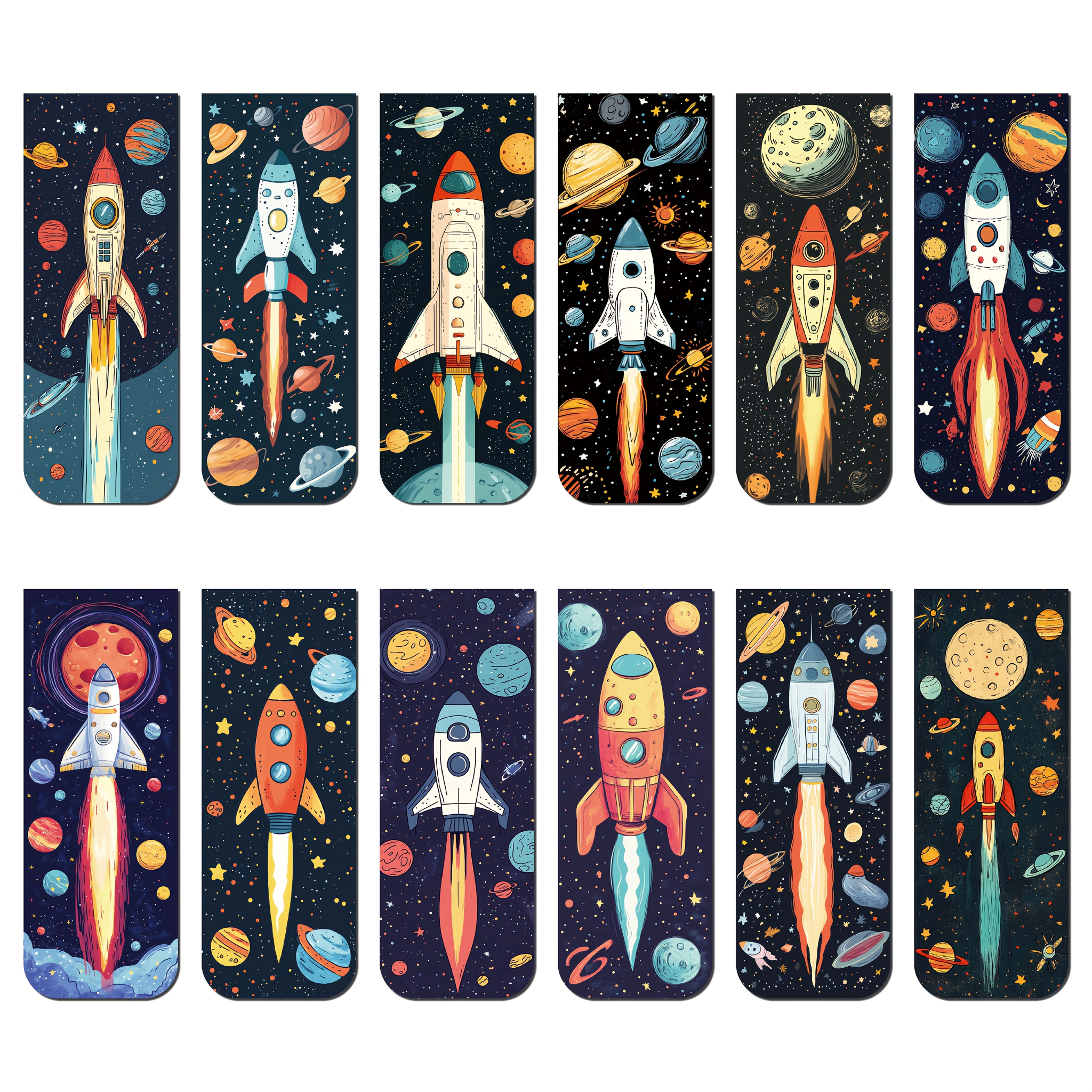 TEMU 12pcs Colorful Rocket Ship Magnetic Bookmarks - Outer Theme, Cardboard Book Marker Clips For Students & Teachers, Durable Paper Material,
