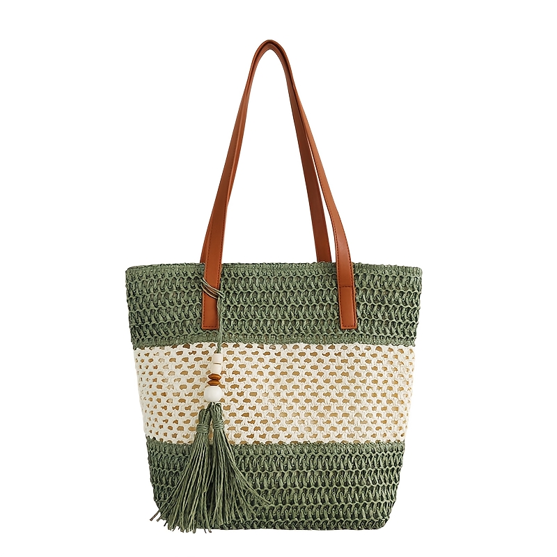 TEMU Women's Straw Tote Bag With Zip Closure, Hand-woven Summer Beach Bag With Boho Tassel, Lightweight Shoulder Handbag For Holidays, Travel And