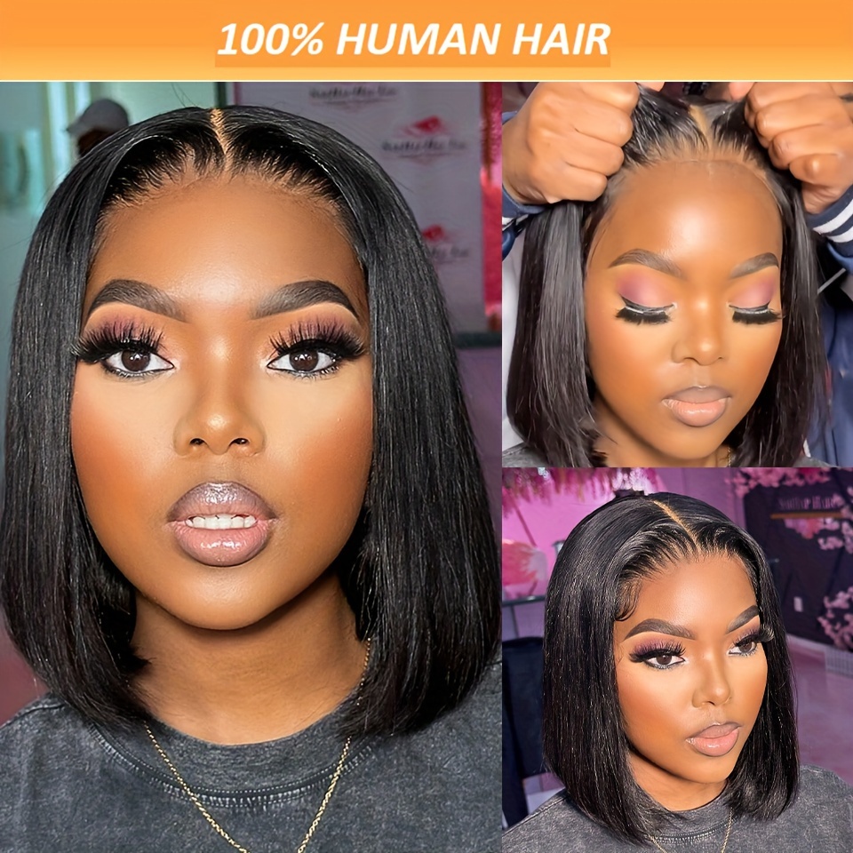 glueless human hair bob wig 4x4 hd lace closure straight short bob preplucked pre cut lace front wig for women 150 density suitable for details 0