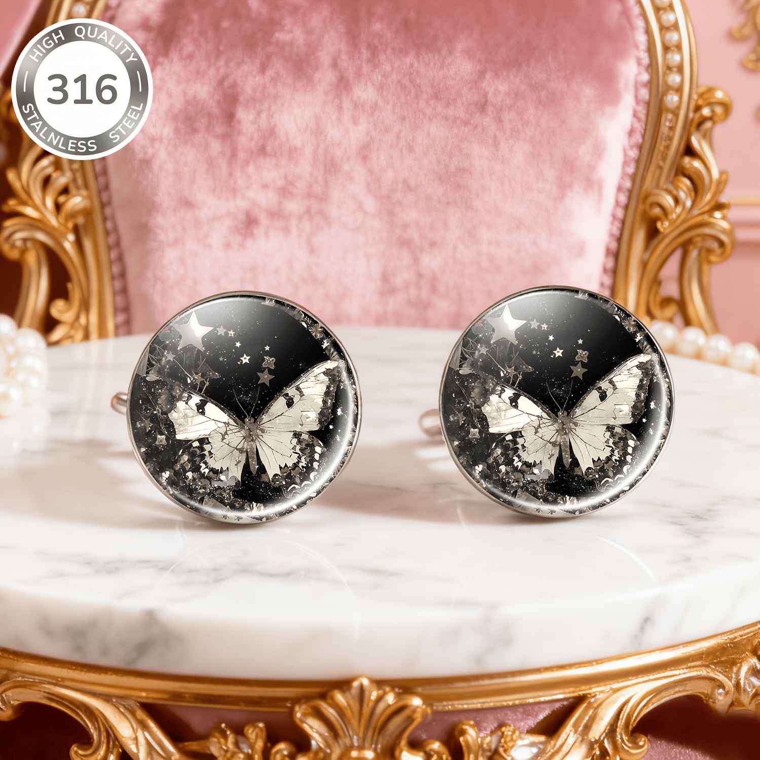 2pcs Night Sky & Butterflies Stainless Steel No-Drill Stud Earrings