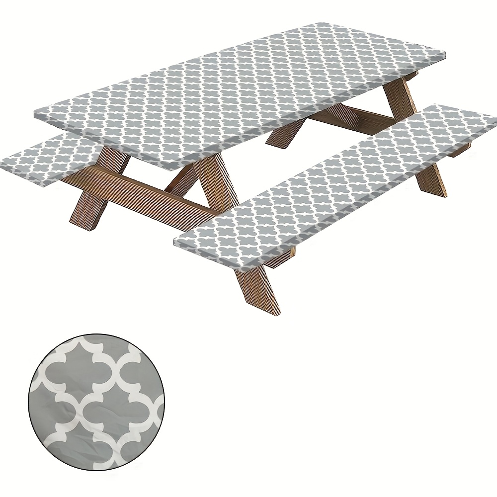 TEMU 3pcs/set 6 Foot Rectangular Grey Morocco Mandala Fitted Picnic Camping Table Cover With Bench Covers Set For Indoor And Outdoor, Garden Patio