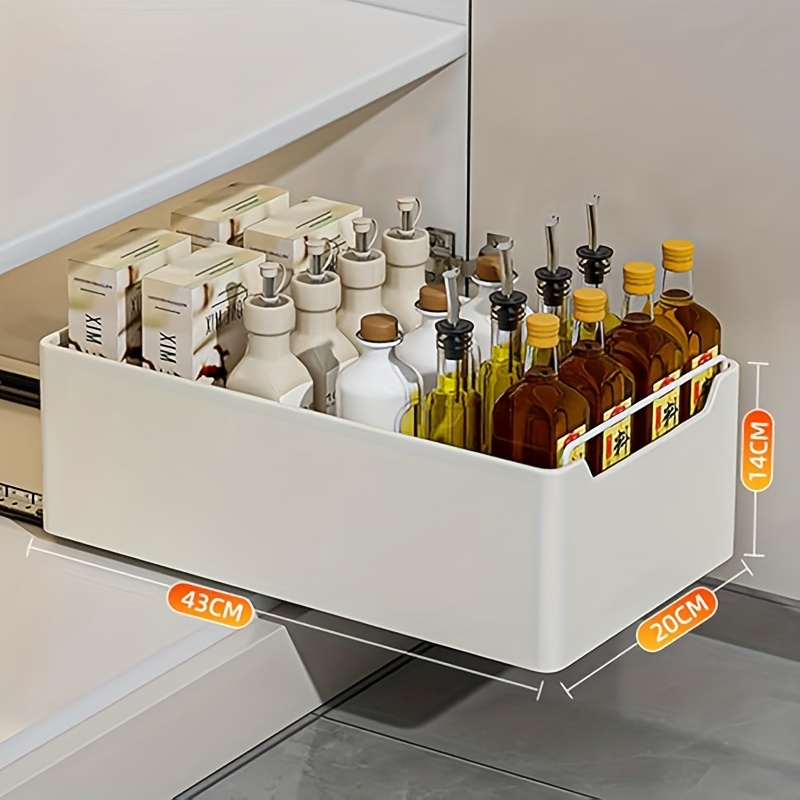 TEMU Heavy-duty Metal Pull Out Cabinet Organizer With Sliding Drawer - No Drill Installation, Glossy Finish, Space- Storage Shelf With Multiple