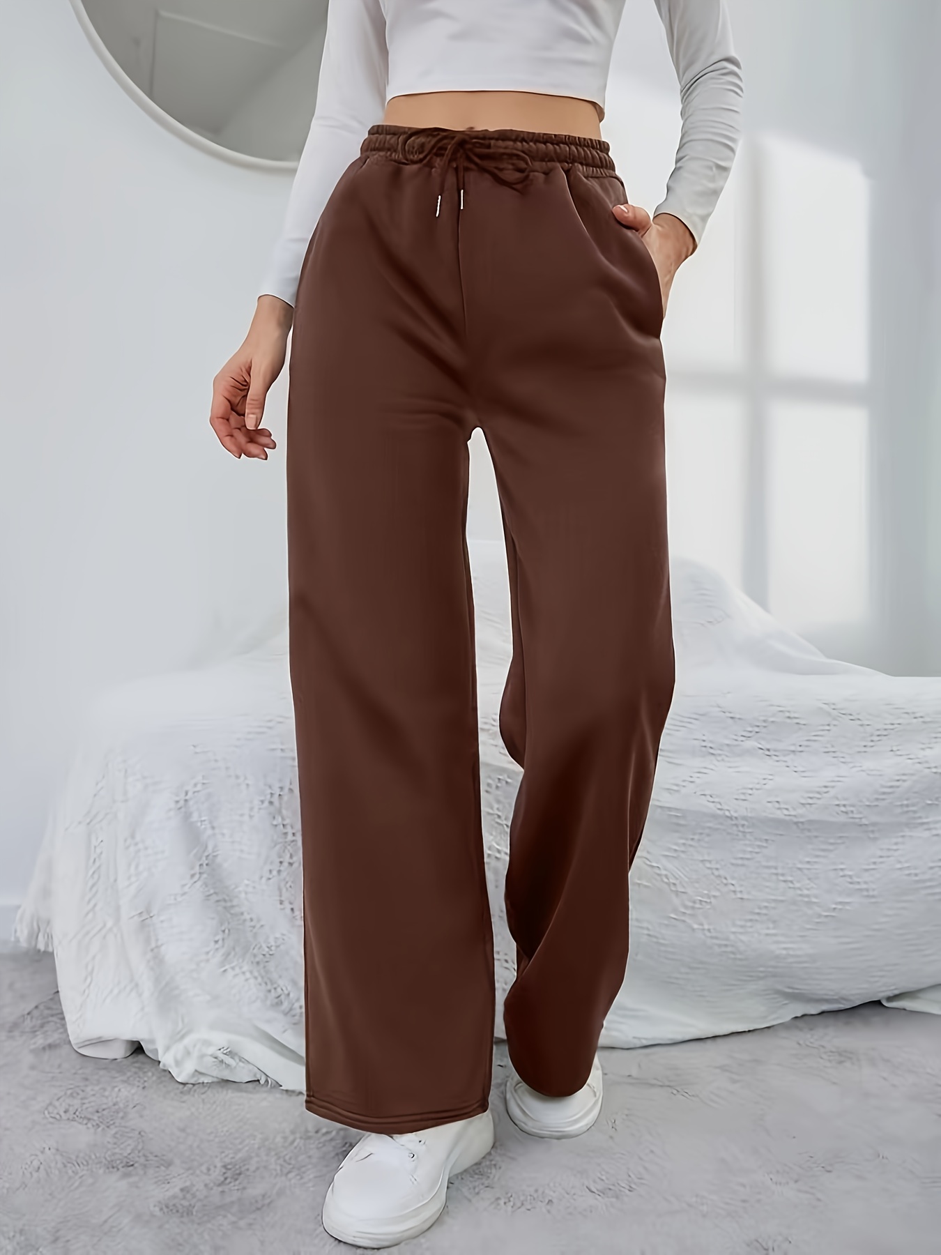 womens elegant solid beige polyester straight leg trousers - Temu Mauritius