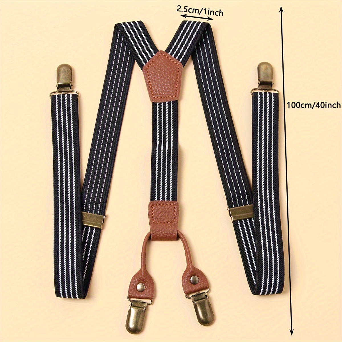 TEMU 1pc Men's Vintage Style Striped Elastic Suspenders With Rivet Detail, Mid-elasticity, Regular Size, Woven Fabric Adjustable Braces