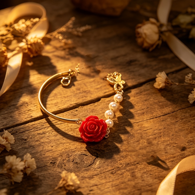 TEMU Pulsera de 1 pieza estilo francés con y blancas, adecuada para regalos del Día de la , brazalete chapado con , elegante para uso diario,