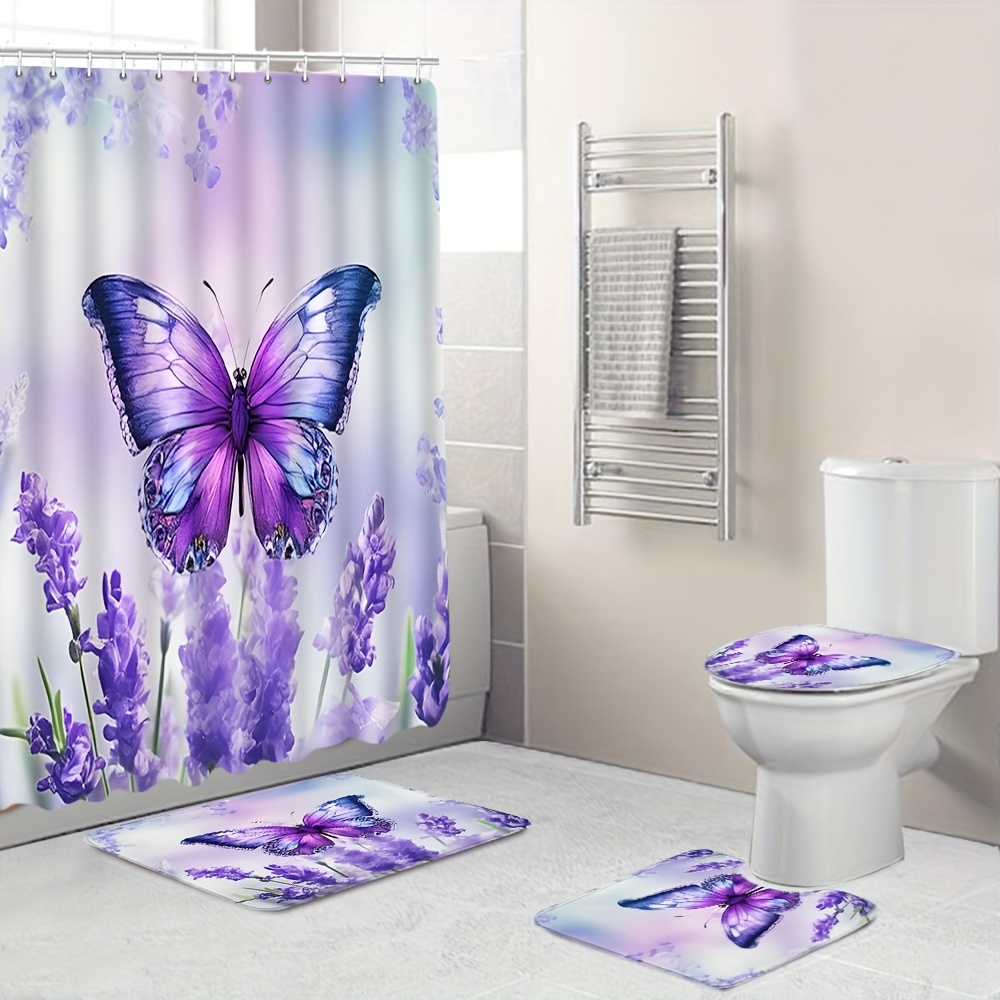 

1/4pcs Lavender Purple Butterfly Pattern Shower Curtain Set, Shower Curtain With 12 Hooks, Non-slip Bath Mat, U-shaped Toilet Mat, Toilet Mat, Bathroom Accessories