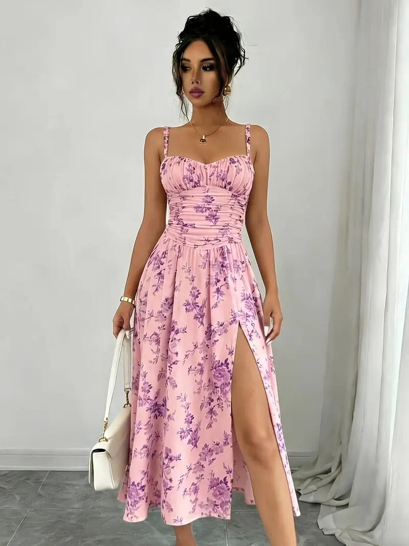 bohemian slit dress Women Sexy Ruffled Off Shoulder Thigh Split Flowy Maxi Boho Dress Tie Waisted High Slit Smocked Long Sundress(OR-S) at Amazon Women's Clothing store