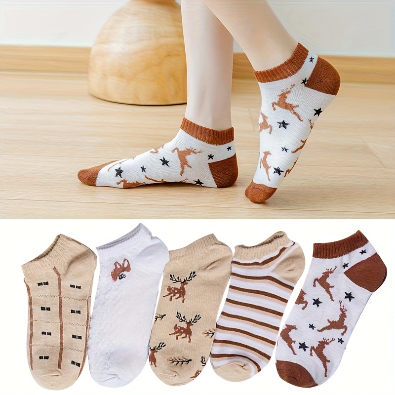 TEMU 5 Pairs Women's Christmas Reindeer & Snowflake Short Ankle Socks - Soft Warm Party Socks With Reusable Deer Patterns, & Festive Outfits (machine