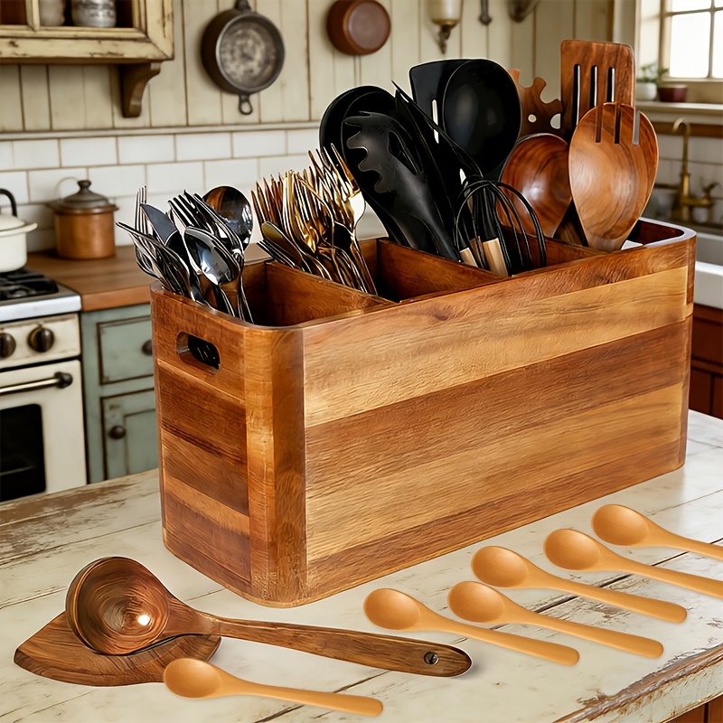 TEMU Wooden Kitchen Utensil Holder Organizer With Spoon Holder For Counter Or Countertop, Large Wooden Utensil Holder For Storage Cooking And