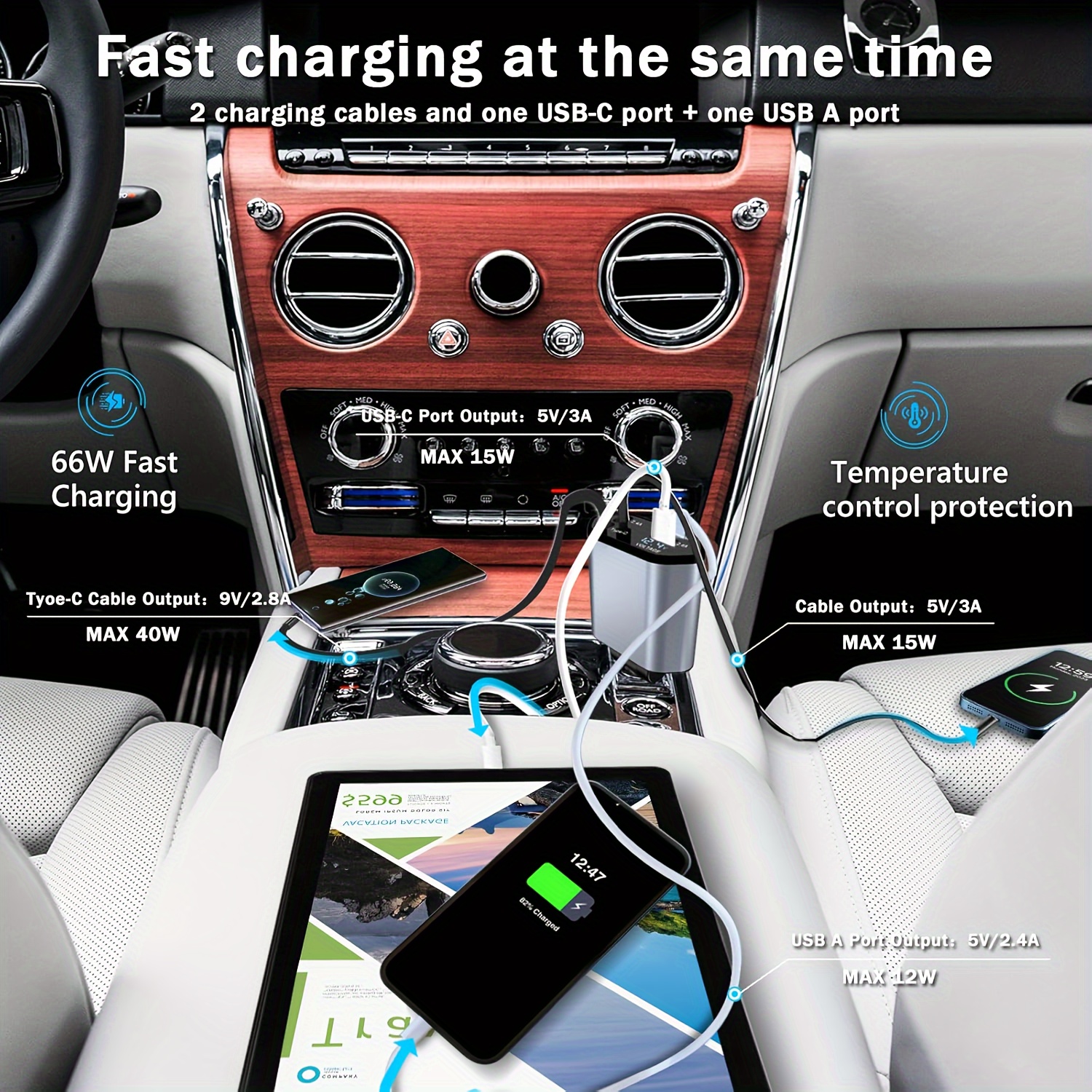 4 in 1 fast charging car charger with digital voltage display 66w retractable lightning and type c charging cables dual output ports for usb and type c compatible with iphone 15 14 max xr x and samsung details 1