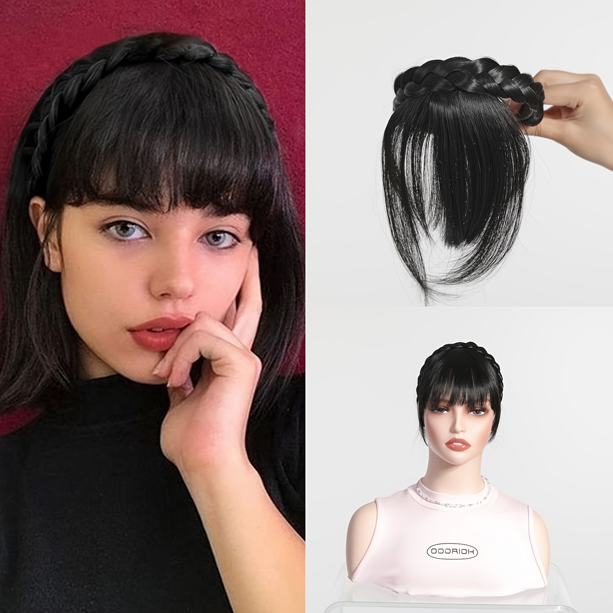 elegant synthetic hair braided headband with bangs straight hair extension for women adjustable hair accessory for styling and   styling tools   design details 2