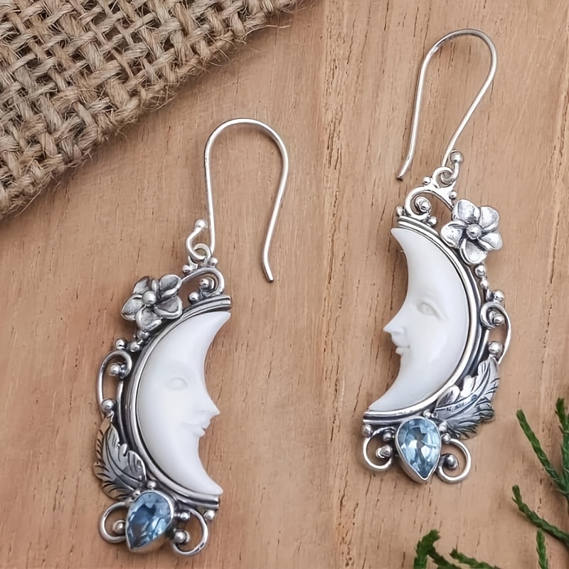 

Flower Leaf Design With Blue Zirconia Decor Dangle Earrings Retro Elegant Style Alloy Silver Plated Jewelry Female Gift