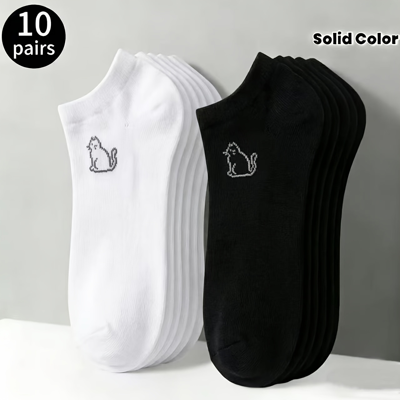 Image of 10 Pairs Cute Cat Pattern Women's Ankle Socks, Women's Spring And Summer Solid Color Ankle Socks, Breathable And Soft Socks Suitable For Daily And Outdoor Use For Men And Women