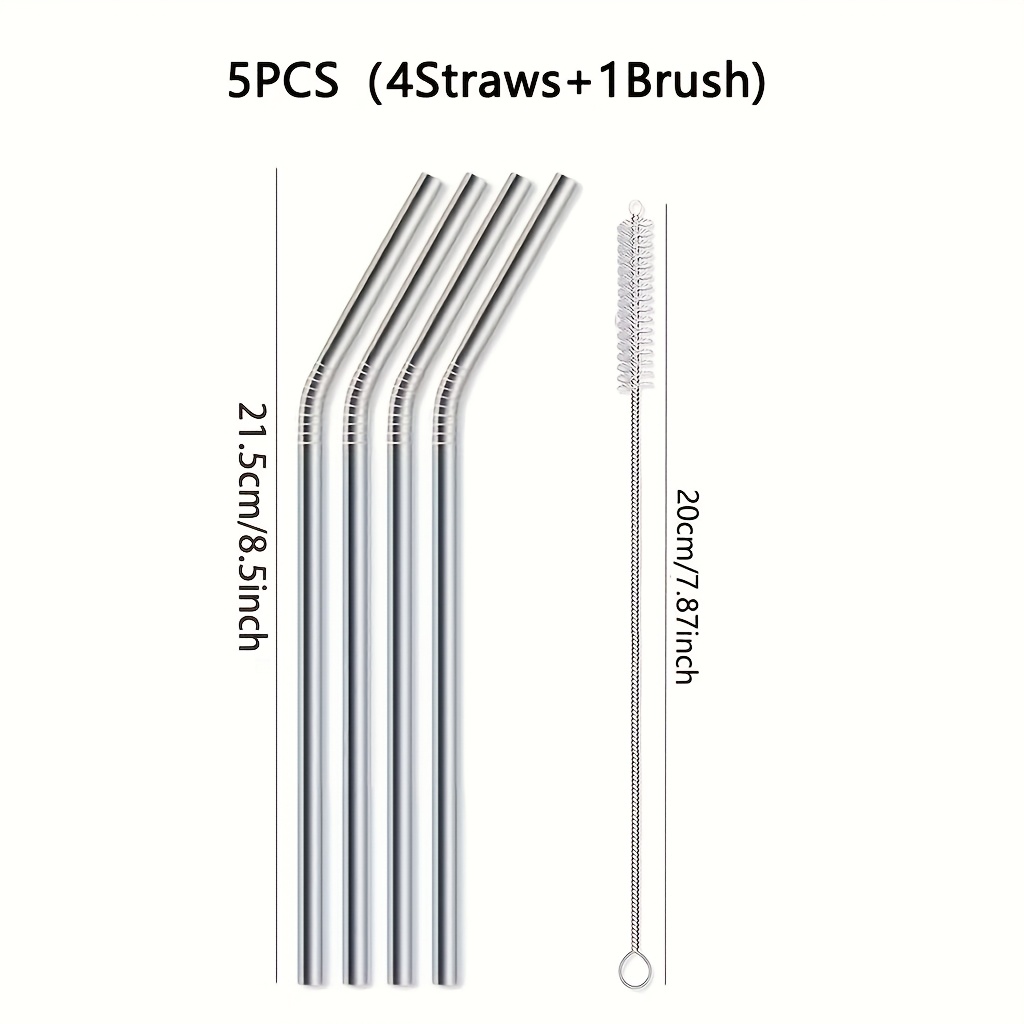 TEMU 5/10pcs Metal Straw, 21.5cm Stainless Steel Straw With Cleaning Brush, 500ml Mug, Curved Straw For Iced Tea/cold Drinks, Suitable For Dishwasher