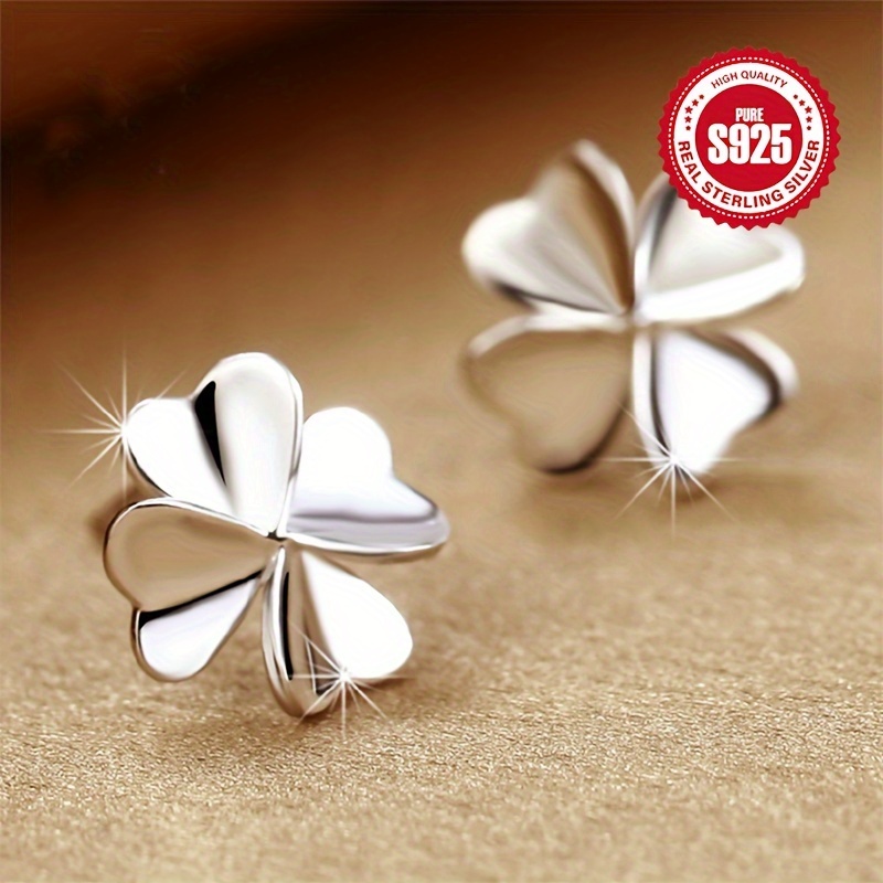 

Delicate 925 Sterling Silver Lucky Clover Shaped Stud Earrings Hypoallergenic Jewelry Elegant Leisure Style For Women Gift