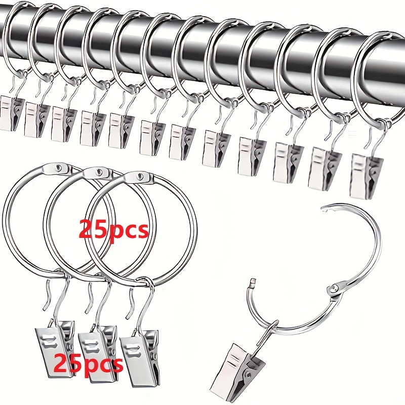 Image of 50pcs Curtain Clip Set With Rings, Includes 25 Curtain Rings And 25 Stainless Steel Clips, Curtain Rings With 38mm Inner Diameter Hook Design, Silvery Universal No-drill Curtain Accessories