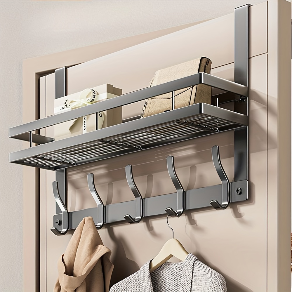 TEMU Over-the-door Hook With Storage Shelf - Carbon Steel, Wall Mounted Organizer For Bedroom & Bathroom