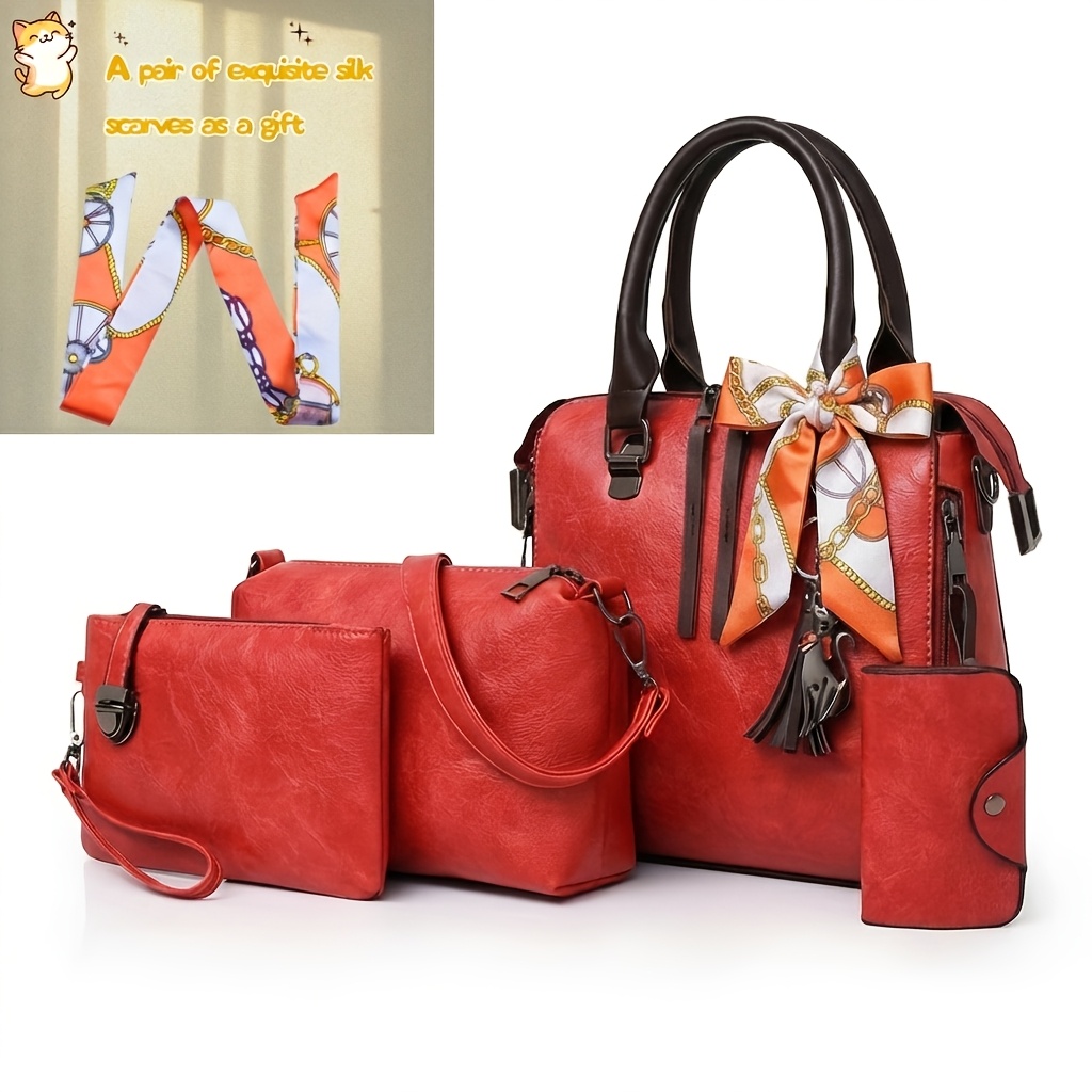 TEMU Fashionable And Versatile 4pcs Women's Bag Set, Retro Tote Bag, Crossbody Shoulder Bag, Handbag, Wallet, Oil Wax Pu Tassel Tote Bag, Meeting The