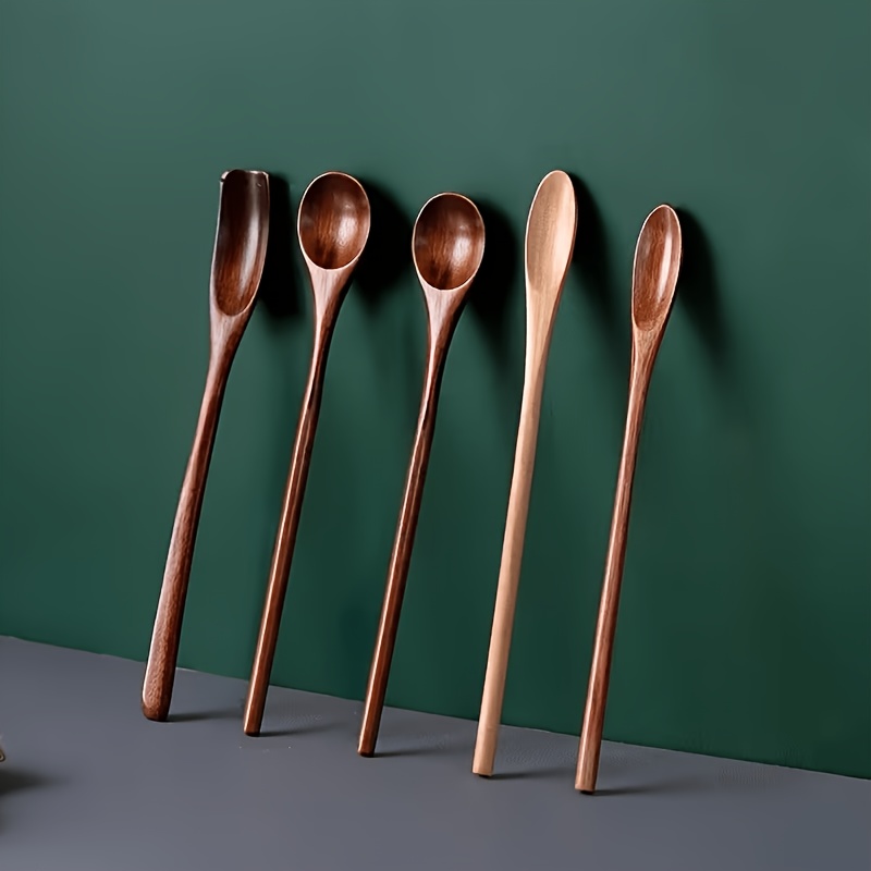 TEMU 5pcs Set Of Long-handled Coffee Spoons, 7.8-inch Wooden Coffee Spoons, Long-handled Stirring Spoons, Tea Spoons, Ice Cream Spoons, Uniquely