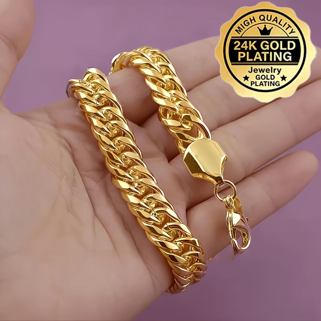 TEMU 2026 Summer New - 24k Golden Plated - Unisex Cuban Bracelet - Suitable For Party Wear - Very Suitable For Casual Attire And Gifting, Ideal