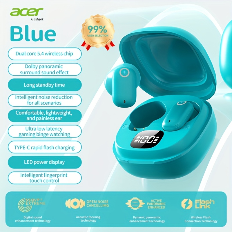 [acer 2025 New] Tws Wireless Headphones, Heavy Stereo + Call Noise Reduction, Ultra-long , Sports Running Semi-in-ear, Low Latency , Hifi Sound, Lightweight , Stylish Design
