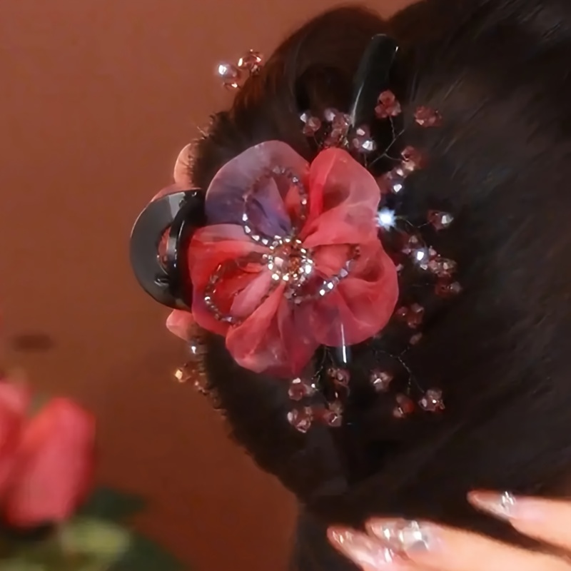 

Elegant Chinese-style Hairpin With Large Red Flowers: Perfect For Women's Day Or As A Gift For Her