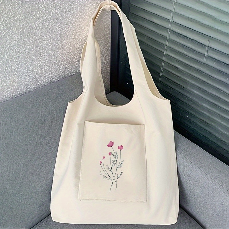 

Flower Plant Print Tote Bag, Fashion Canvas Shoulder Bag, Large Capacity Shopping Bag, School Handbag