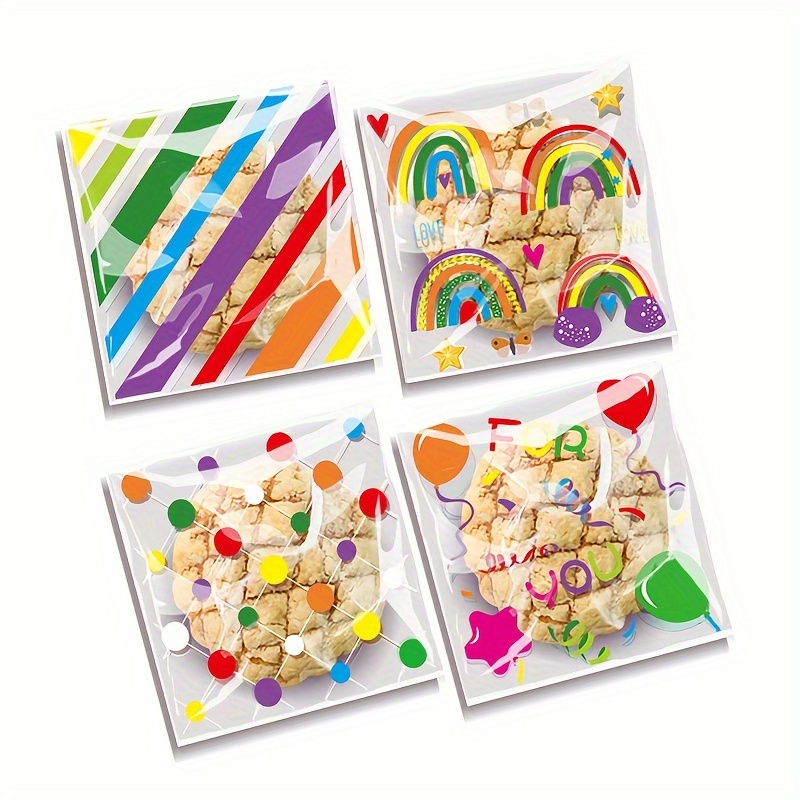 

easy-seal" 100-piece Rainbow Pride Self-adhesive Baking Bags - Perfect For , Snacks & Party Favors - Durable Plastic Food Pieceaging For Home & Bakery Use