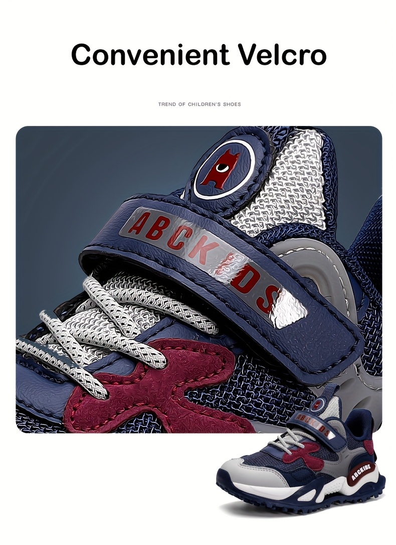 Boys' Breathable Mesh Sneakers with Non-Slip EVA Sole, Closure & Cushioned Insole - Lightweight Low-Top Running Shoes for Outdoor Play, School, Sports - Navy Blue & Red Accents, School Sneakers, Sporty Design, Durable Construction, Schoolage Kids