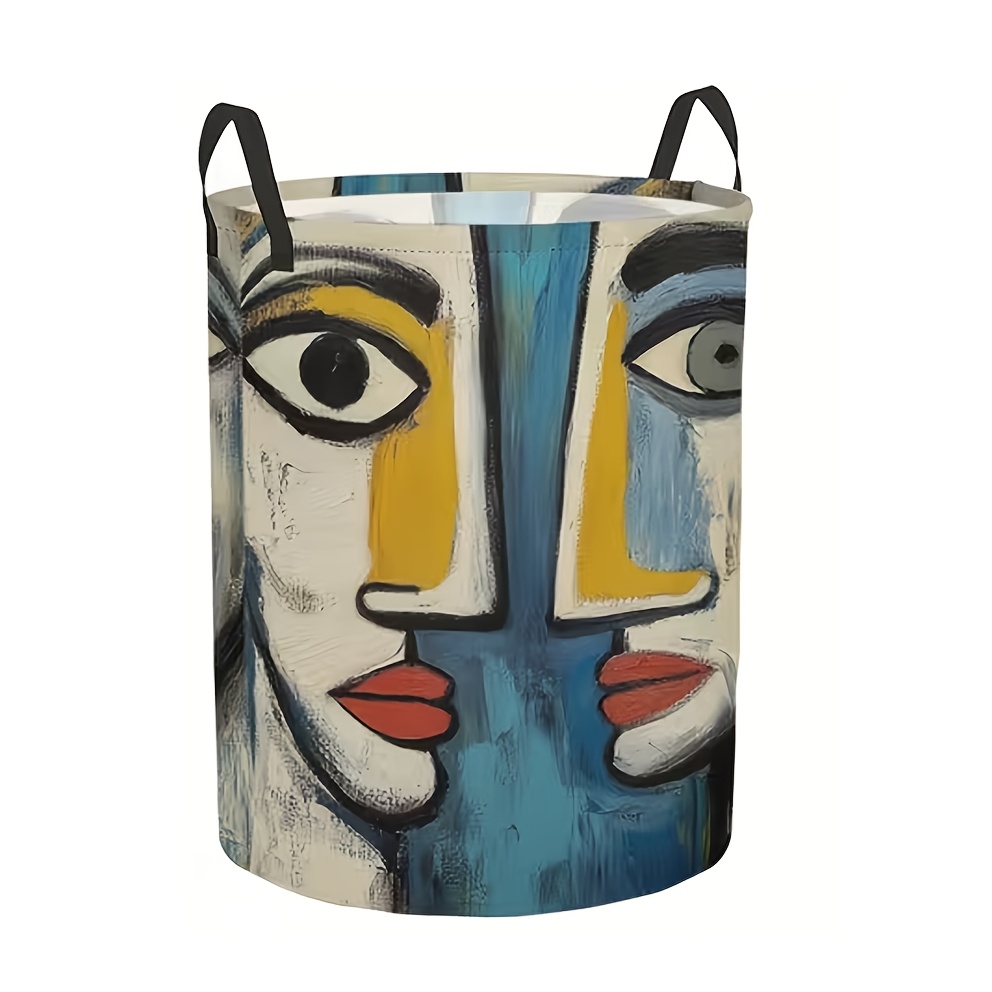 TEMU 1pc Oil Painting Style Foldable Laundry Basket, Large Capacity Multifunctional Circular Storage Box With Handle, Very Suitable For Bathroom And