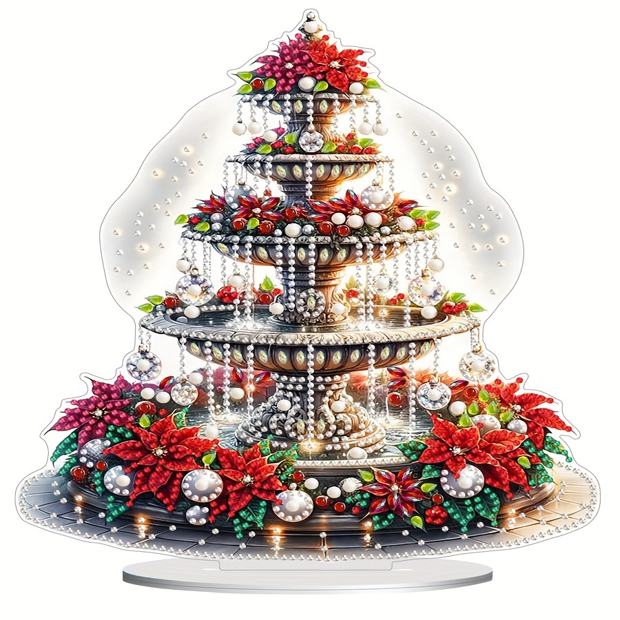 

Festive Diamond Painting Fountain Decoration: 3d Fountain With Poinsettias And Pearls, Perfect For Christmas Decorating