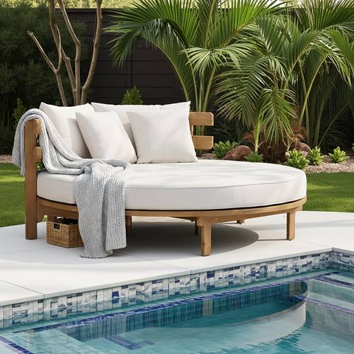 outdoor round daybed with cushion and 4 pillows solid acacia wood patio sunbed lounge chair with adjustable pads for garden backyard porch 400lbs capacity teak