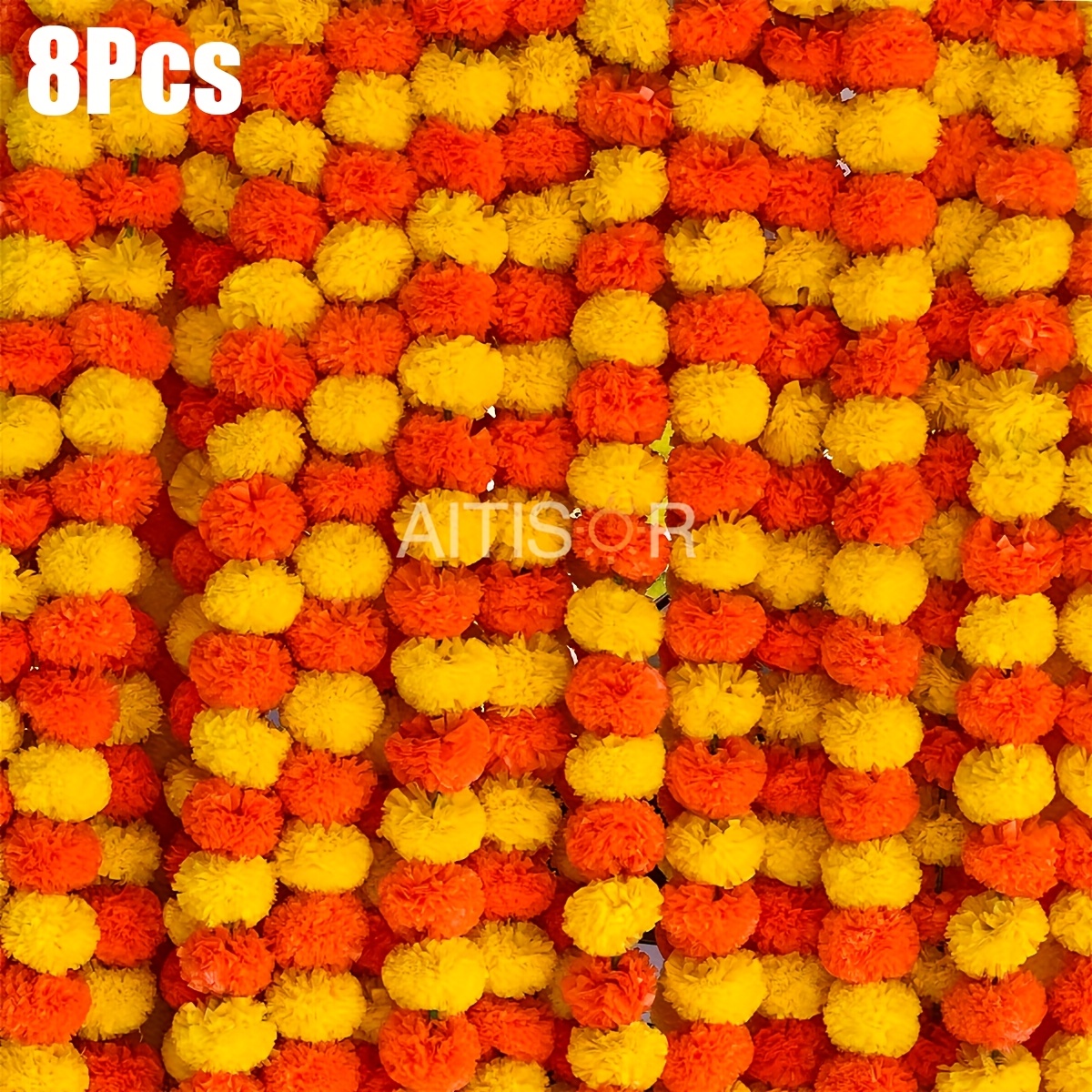 Image of Set Of 8 Synthetic Marigold Flower Garlands Suitable For Parties, Weddings, Diwali, Mehndi Ceremonies, Pooja Festivals, And Traditional Indian-themed Home Decor And Photo Backdrop Projects