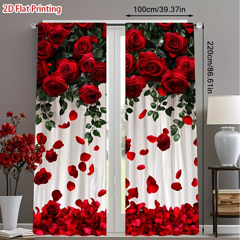 TEMU 2d Flat, 2pcs 2d Flat Printing Red Roses Semi- Blackout Curtains Rod - Great For Kitchen, Bedroom, Art Space - Home Decoration (not Layer