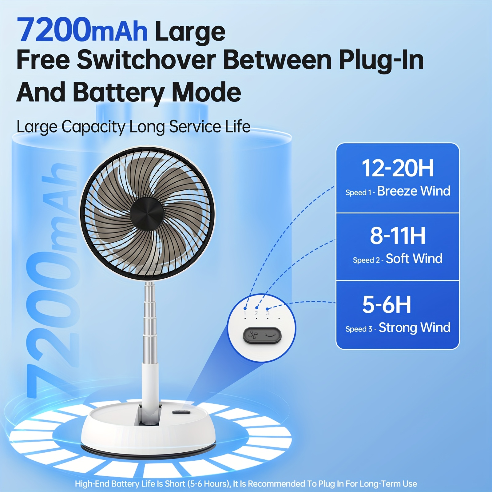 Portable 8-Inch Folding Fan with a 7200Mah High-Capacity, Featuring a Retractable Design And Remote Control, Ideal for Outdoor Activities And Camping