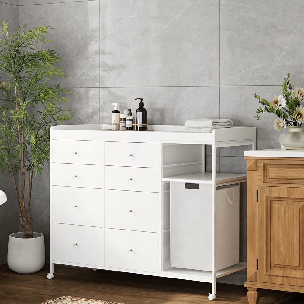 Baby Changing Dresser, 8-Drawer Baby Dresser with Changing Table Top, Easy to Assemble, Mobile Utility Cart with Wheels for NurseryDiaper Changing Station, Mobile Dresser for Nursery, White