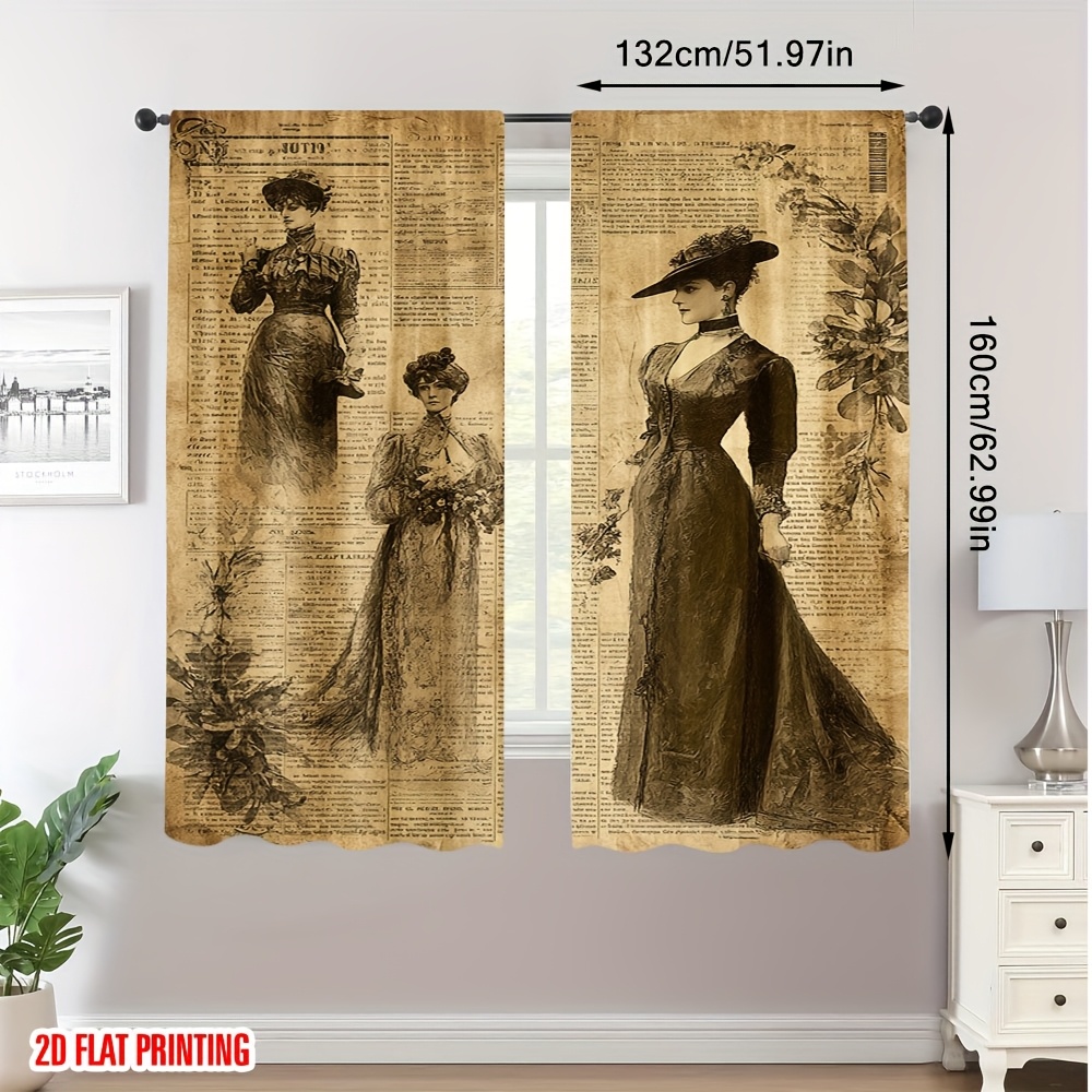 TEMU 2d Flat, 2d Flat,2pcs Vintage Victorian Print Semi-sheer Door Curtains, Multiple Sizes To , Suitable For Room Decoration, Adds Style And