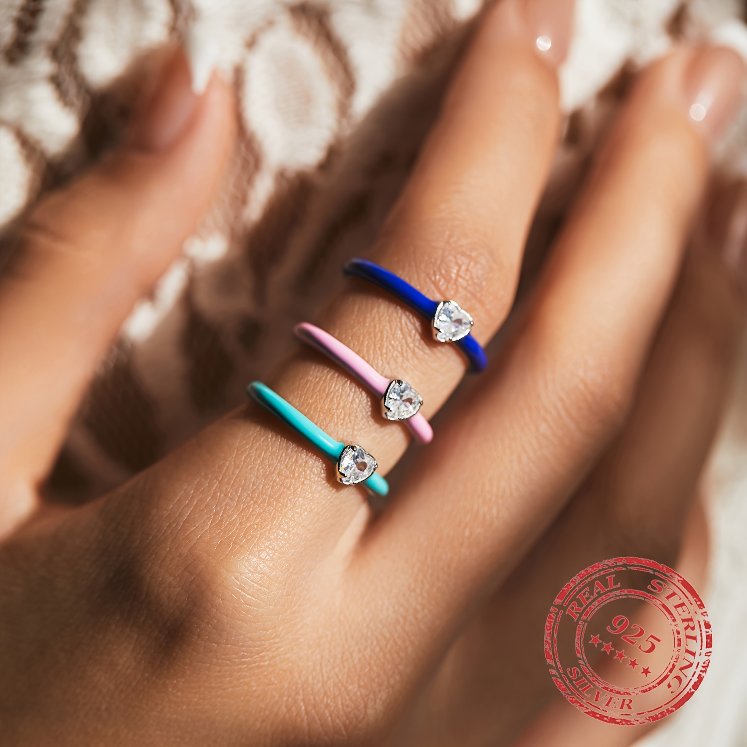 Women's 925 Sterling Silver Colorful Enamel Hearts Stackable Ring
