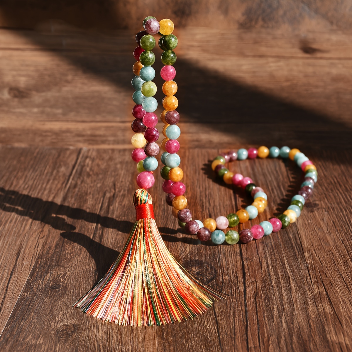 

Bohemian Style 99 Beads Necklace With Multicolor Gradient Tassel Pendant, Long Rustic Boho Jewelry