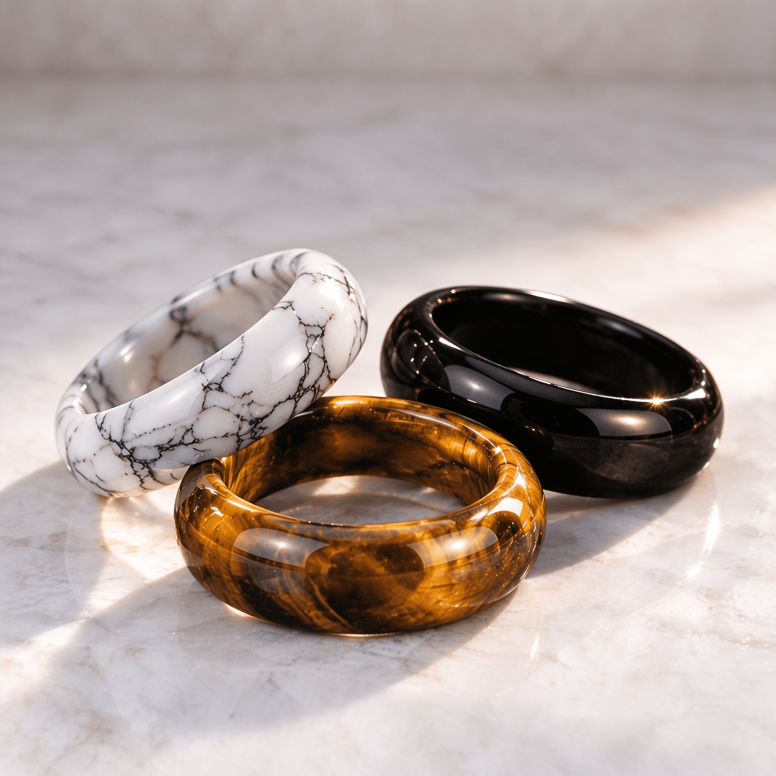 3pcs Natural Crystal Ring Set, Bohemian Stackable