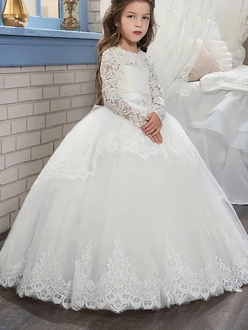 girl communion long sleeve princess tulle ball gown random ruffle style
