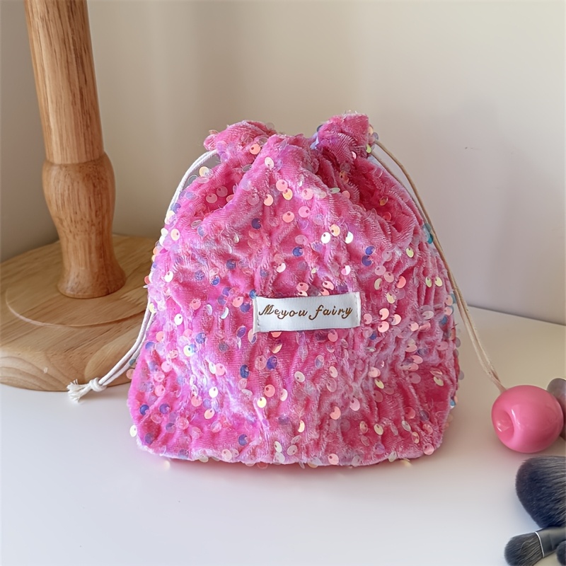 TEMU Women's Clutch Purse, Pink Sequin Drawstring Pouch, Girly Sparkly Small Bag, Portable Handbag For