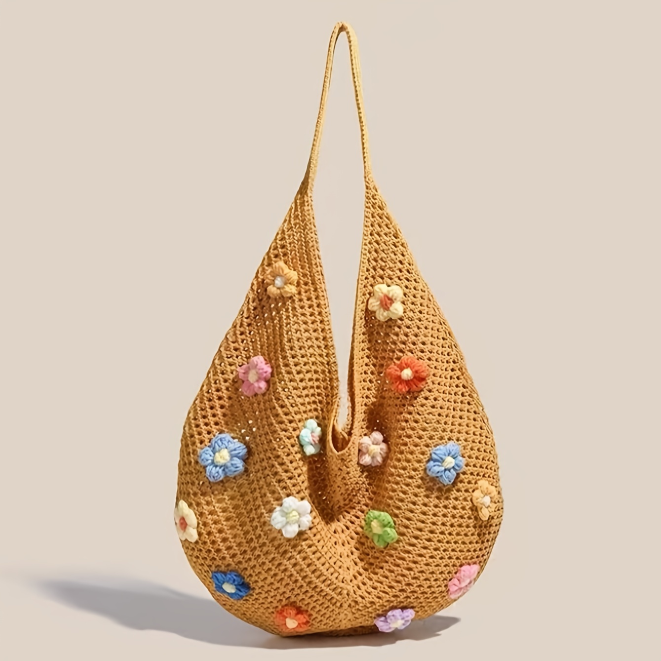 Image of Forest-inspired Niche Tote Bag, 2025 Spring New Arrival, Women', Lazy Style Floral Handbag, Hollow-out Woven Shoulder Bag
